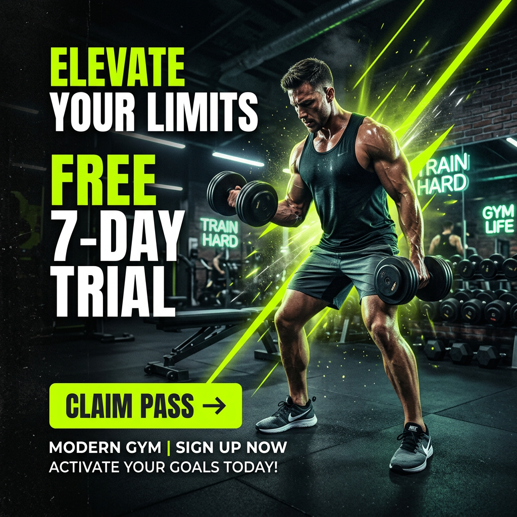 7-day trial pass promotion ad creative for Fitness Studio